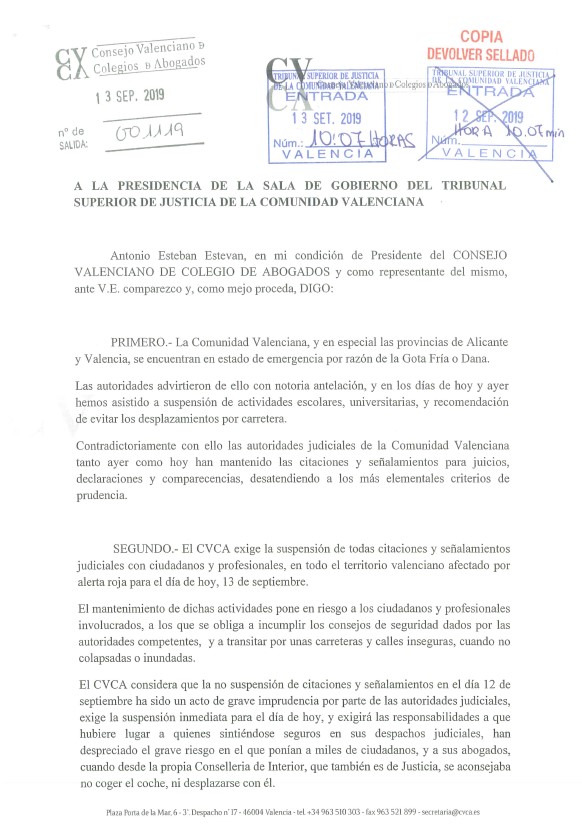 El Consejo Valenciano de Colegios de Abogados critica la falta de suspensión de las citaciones judiciales debido a las intensas lluvias