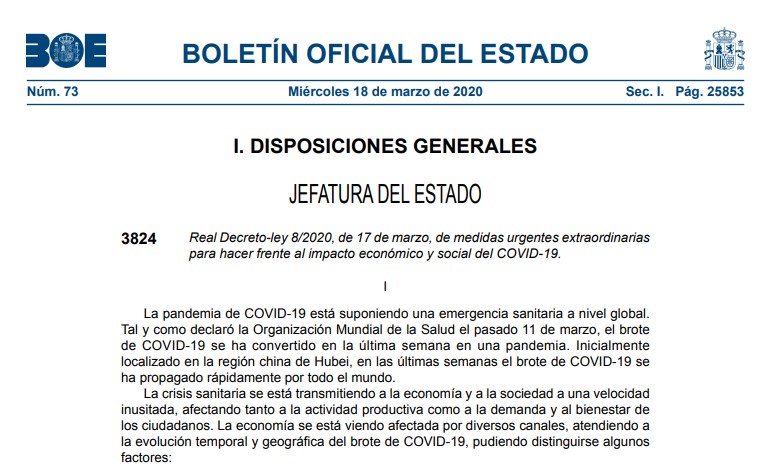 Medidas económicas: Real Decreto-ley 8/2020, de 17 de marzo