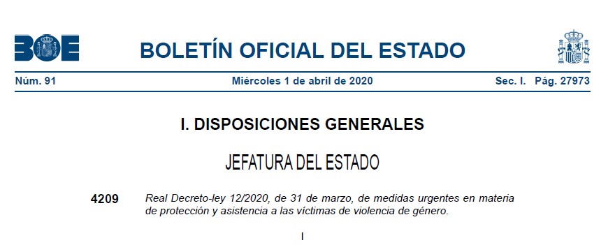 RDL 12/2020, de 31 de marzo, de medidas urgentes en materia de protección y asistencia a las víctimas de violencia de género
