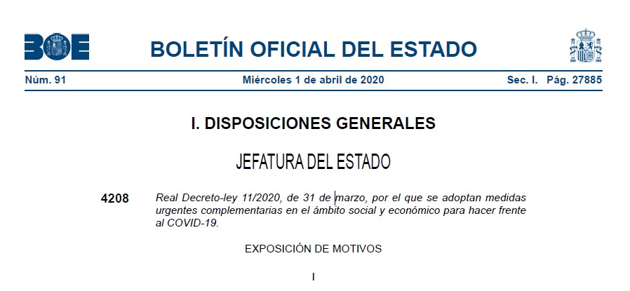 RDL 11/2020 por el que se adoptan medidas urgentes complementarias en el ámbito social y económico para hacer frente al COVID-19.