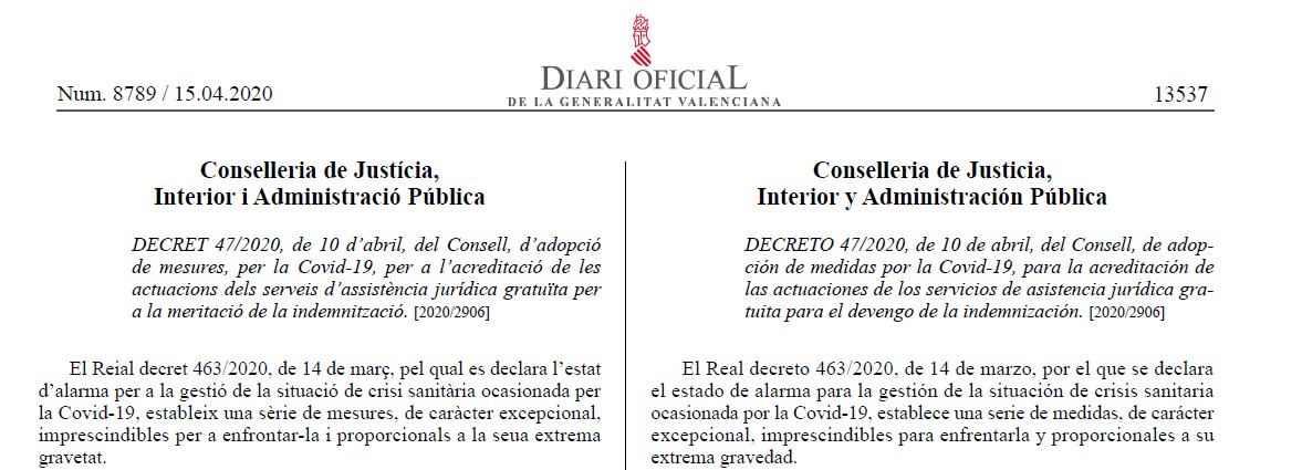 Decreto Consell de adopción de medidas por la Covid-19, para la acreditación de las actuaciones de los servicios de asistencia jurídica gratuita