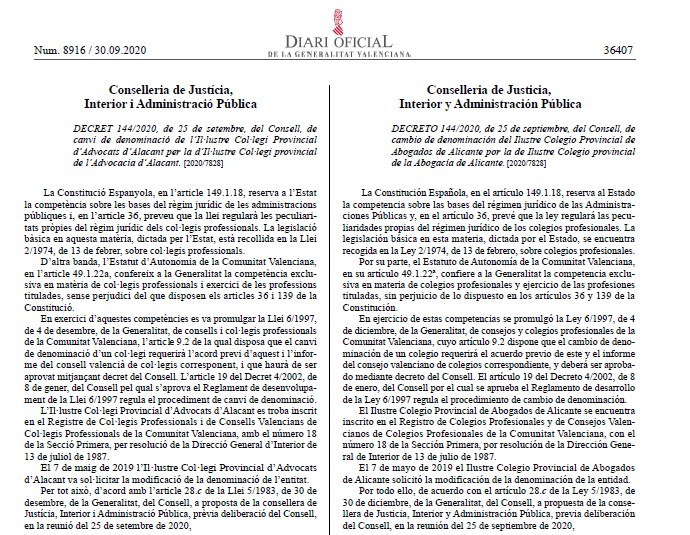 El DOGV publica y hace oficial el cambio de denominación del ICALI
