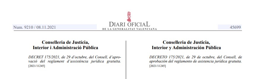 El DOGV publica el nuevo Reglamento de Asistencia Jurídica Gratuita